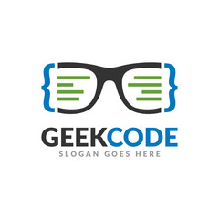 Geek code logo design template, a glasses with code symbol and text icon