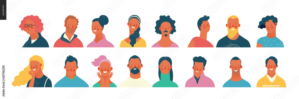 Bright people portraits set - hand drawn flat style vector design concept illustration of young men and women, male and female faces and shoulders avatars. Flat style vector icons set - obrazy, fototapety, plakaty 