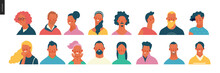 Bright People Portraits Set - Hand Drawn Flat Style Vector Design Concept Illustration Of Young Men And Women, Male And Female Faces And Shoulders Avatars. Flat Style Vector Icons Set