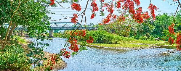 Poster - Panorama of Pai river and Memorial bridge, Thailand