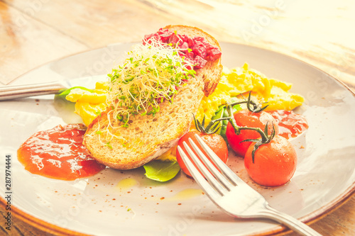 Scrambled Egg On Toast Toasted Rye Bread Beetroot And Cottage