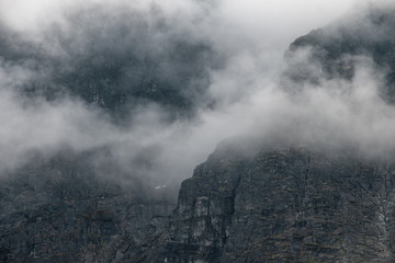 Beautiful view of the Khibiny Mountains in the fog in summer
