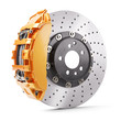 Automobile brakes. Orange caliper and brake disk. 3d render