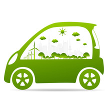 -Ecology Concept With Eco Car Environmental Cityscape Concept,Car Symbol With Green Leaves Around Cities Help The World With Eco-Friendly Idea