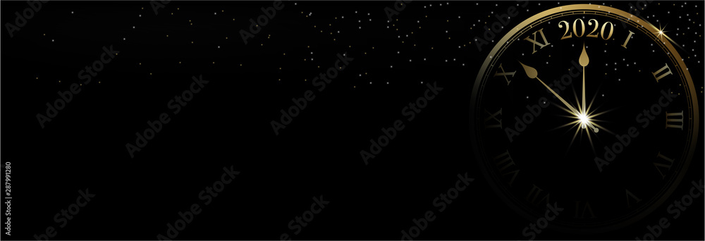 2020 Happy New Year banner on black background and sparkle bokeh with gold clock, Vector illustration - obrazy, fototapety, plakaty 