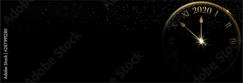 2020 Happy New Year banner on black background and sparkle bokeh with gold clock Wallpaper Mural