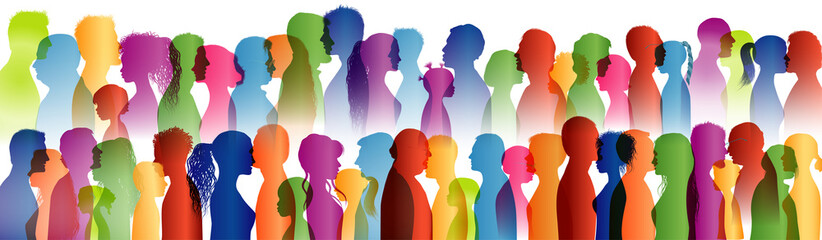 Talking crowd. Dialogue group of many people. Colored silhouette profiles. People talking. Speak. To communicate. Social network. Communication. Multi-ethnic people