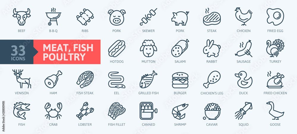 Meat, poultry, fish and eggs - minimal thin line web icon set. Outline icons collection.Simple vector illustration. - obrazy, fototapety, plakaty 