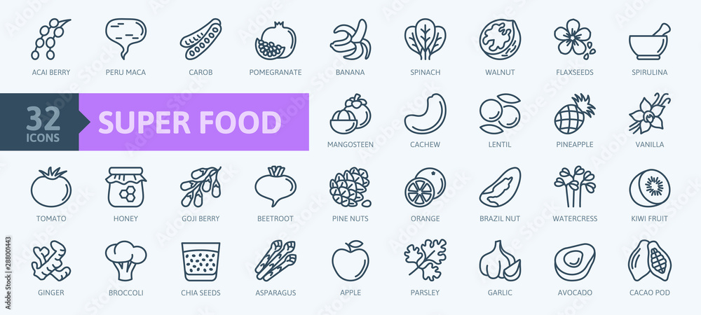 Super food - thin line icon set of fruits, vegetables, berries, nuts, roots and seeds. Outline icons collection of healthy detox natural products, organic food ingredients for health and diet.  - obrazy, fototapety, plakaty 