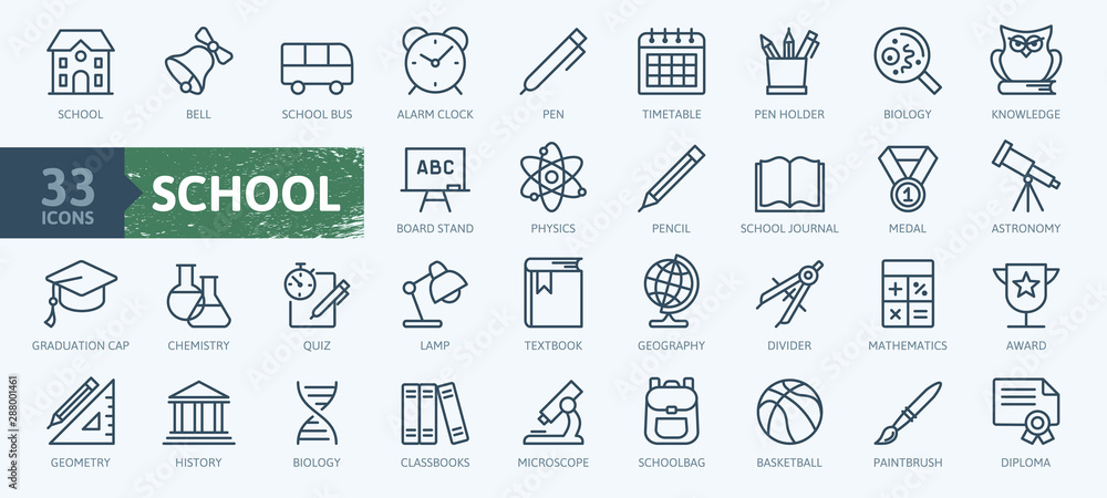 Education and back to school - thin line icons set. Outline icons collection.  - obrazy, fototapety, plakaty 