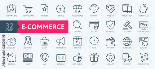 Cuadros en Lienzo E-commerce, online shopping and delivery elements - minimal thin line web icon set