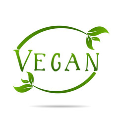 Sticker - Vegan product icon design symbol. Green leaves in heart shape sign. Vector illustration