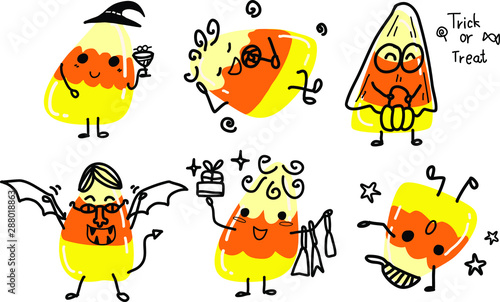 Cute Candy Corn With Hand Draw Kawaii Face Doodle Line Art