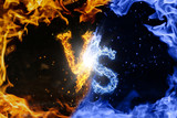 Fototapeta Kosmos - Letter VS. Blue versus Yellow fire flames on black isolated background, realistic fire effect with sparks.