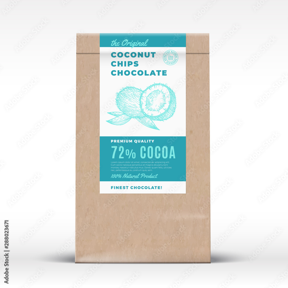 The Original Coconut Chips Chocolate. Craft Paper Bag Product Label. Abstract Vector Packaging Design Layout with Realistic Shadows. Modern Typography and Hand Drawn Coco Nuts Silhouette. - obrazy, fototapety, plakaty 