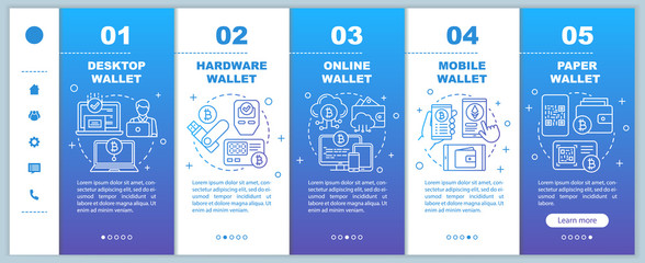 Cryptocurrency wallets types onboarding mobile web pages vector template. Electronic bitcoin currency transactions. Responsive smartphone website interface idea with linear icons. Webpage step screens