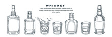 Whiskey Bottles And Glass, Vector Sketch Illustration. Scotch, Brandy Or Liquor Alcohol Drinks. Bar Menu Design Elements