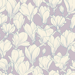  Magnolia pattern, blue line floral ornament. Seamless background. Hand drawn illustration in vintage style, cream color