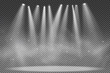 © sersupervector - Spotlights isolated on transparent background. Floodlight for the podium. Light effect for a disco. Smoke with glowing particles. Grand show. Vector illustration
