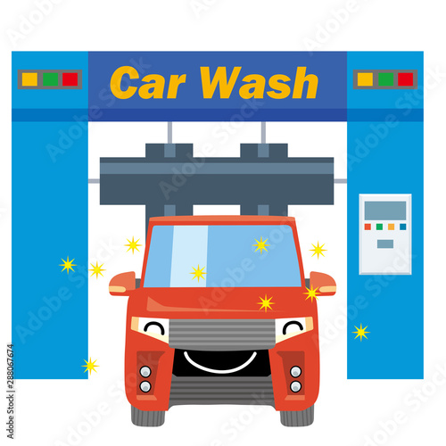 擬人化した洗車中の笑顔の車のイラスト 洗車機と自動車 Rファミリーカー ミニバン 赤 Car Being Washed Stock Vector Adobe Stock