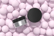 Lip Balm or Hair Wax, Pomade, Paste, Clay Mockup. Top View of Cosmetic Product with Silver Metallic Texture on Pink Background. Spa and Beauty Concept. Realistic 3D Illustration. Blank Template. Flat 