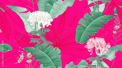 Botanical seamless pattern, Chrysanthemum morifolium flowers and various leav...