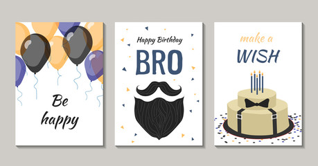 Wall Mural - Set of birthday greeting cards design for man. There are balloons, cake with candles, confetti, man's beard and mustache.