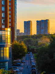 Poster - Moscow, Russia - August, 29, 2019: landscape with the image of Moscow at sunset