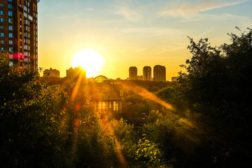 Poster - Moscow, Russia - August, 29, 2019: landscape with the image of Moscow at sunset