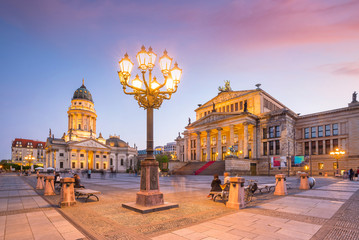 Wall Mural - Panoramic view of famous Gendarmenmarkt square  at sunset in Berlin