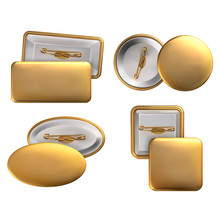 Vector. Mock Up. Set Badge Pin Brooch Of Round, Rectangular, Oval, Square Shapes In Gold Color. Realistic Illustration Isolated On White Background.