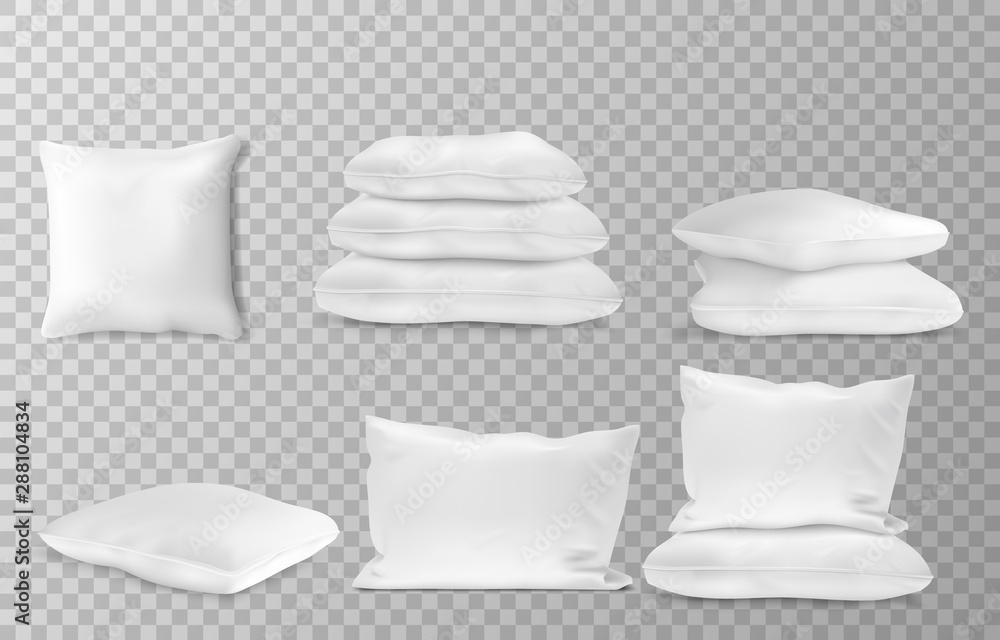 Realistic white pillows side en top view combinations mockup set transparent background vector illustration - obrazy, fototapety, plakaty 