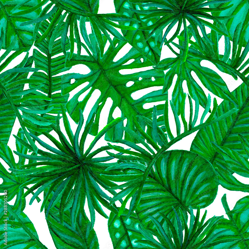 Seamless pattern with tropical leaf palm. Watercolor. - obrazy, fototapety, plakaty 