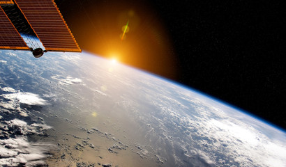 Wall Mural - view of planet earth from a space station window during a sunrise 3d rendering elements of this imag