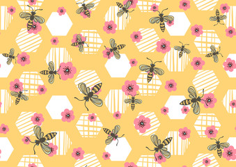 Wall Mural - seamless pattern with bees, honeycombs and flowers