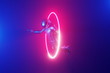 Cosmonaut flying through a luminous neon ring, portal. 3D rendering