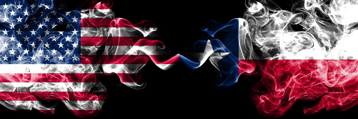 Wall Mural - United States of America, USA vs Texas state background abstract concept peace smokes flags.