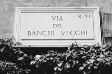 Rome, Italy - Via Dei Banchi Vecchi Street Sign. Black And White Vintage Style.