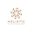 Holistic medical and health wellness logo design with simple leaf line pattern and gold color