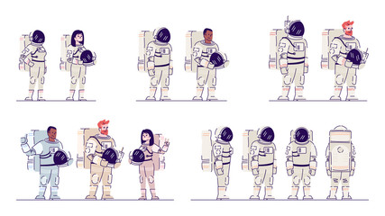 Poster - Cosmonauts in space suits flat vector illustrations set. Multiracial male and female astronauts standing and holding helmets isolated cartoon characters. Crew members of spacecraft. Aerospace industry