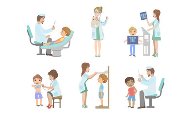 Poster - Doctors Doing Medical Examination of Kids Set, Medical Staff Giving Treatment to Little Patients Vector Illustration