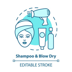 Sticker - Shampoo and blow dry blue concept icon. Hair care, treatment products. Hairstyling idea thin line illustration. Hairdresser salon, hairstylist parlor. Vector isolated outline drawing. Editable stroke