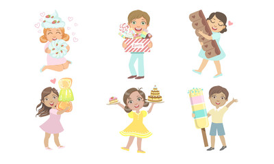 Poster - Cute Kids Eating Sweet Desserts Set, Happy Boys and Girls with Marshmallow, Chocolate, Cake, Marmalade, Ice Cream Vector Illustration