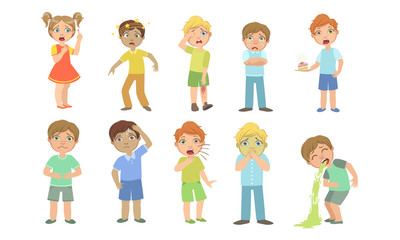 Poster - Sick Kids Characters Set, Boys and Girls Suffering From Different Symptoms Vector Illustration