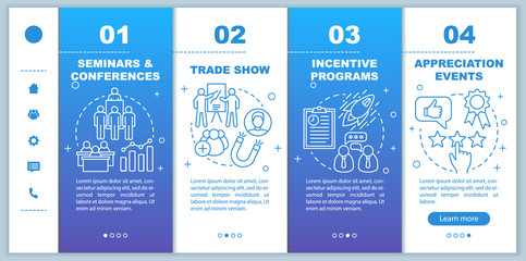 Corporate event management onboarding mobile web pages vector templatesponsive smartphone website interface idea with linear illustrations. Webpage walkthrough step screens. Color concept