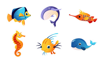 Poster - Cute Friendly Sea Creatures Set, Colorful Marine Fishes and Animals Vector Illustration