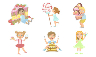 Poster - Cute Kids with Sweet Desserts Set, Smiling Boys and Girls Eating Cake, Candies, Ice Cream, Popsicle Vector Illustration