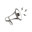 © art_sonik - Megaphone flat web icon. Loudspeaker sign isolated on white background. Monochrome style. Design element for poster, emblem or flyer. Social media, promotion or marketing concept. Vector illustration.