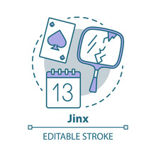 Jinx Concept Icon. Magic And Superstition Idea Thin Line Illustration. Bad Luck, Misfortune Omen. Broken Mirror, Friday 13th And Spades Card Vector Isolated Outline Drawing. Editable Stroke