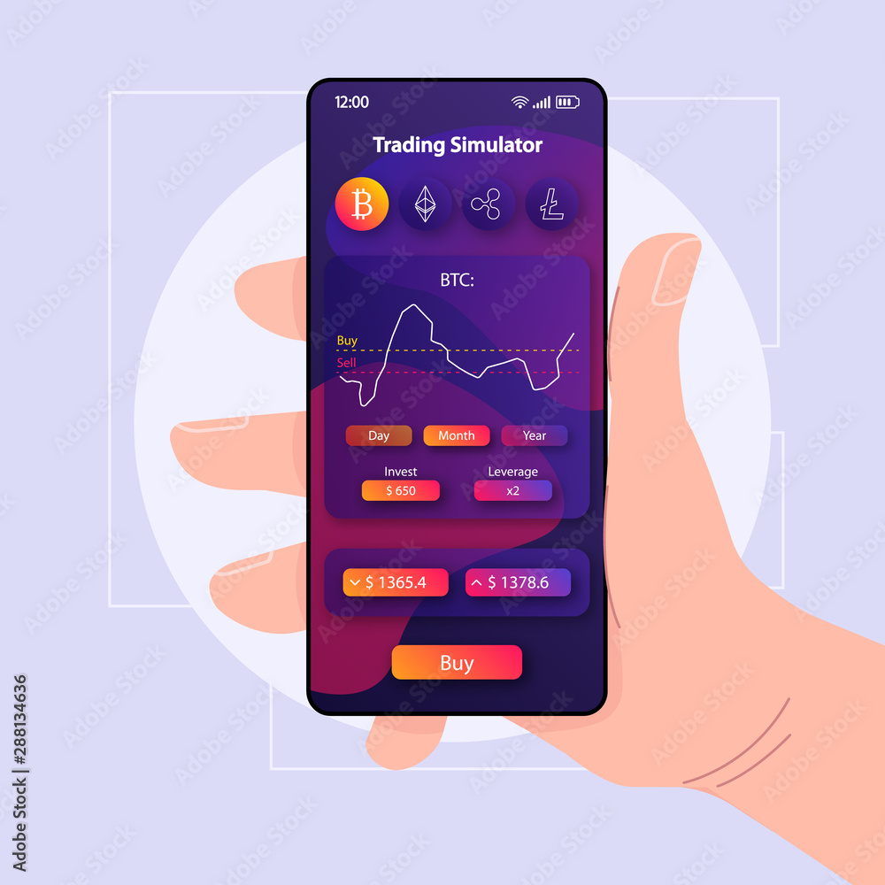 Trading simulation smartphone interface vector template. Mobile app page  violet design layout. Cryptocurrency trade simulator screen. Flat UI for  application. Hand holding phone with stats on display Stock Vector | Adobe  Stock